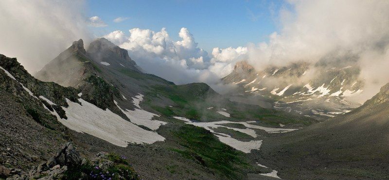 Агурские озёра, Архыз, Вершина, Вечер, Высота, Горы, Земля Санникова, Июль, Камни, Лето, Момент, Облака, Панорама, Перевал Федосеева, Снег, Туман, Турье плато, Хребет Земля Санникова фото превью