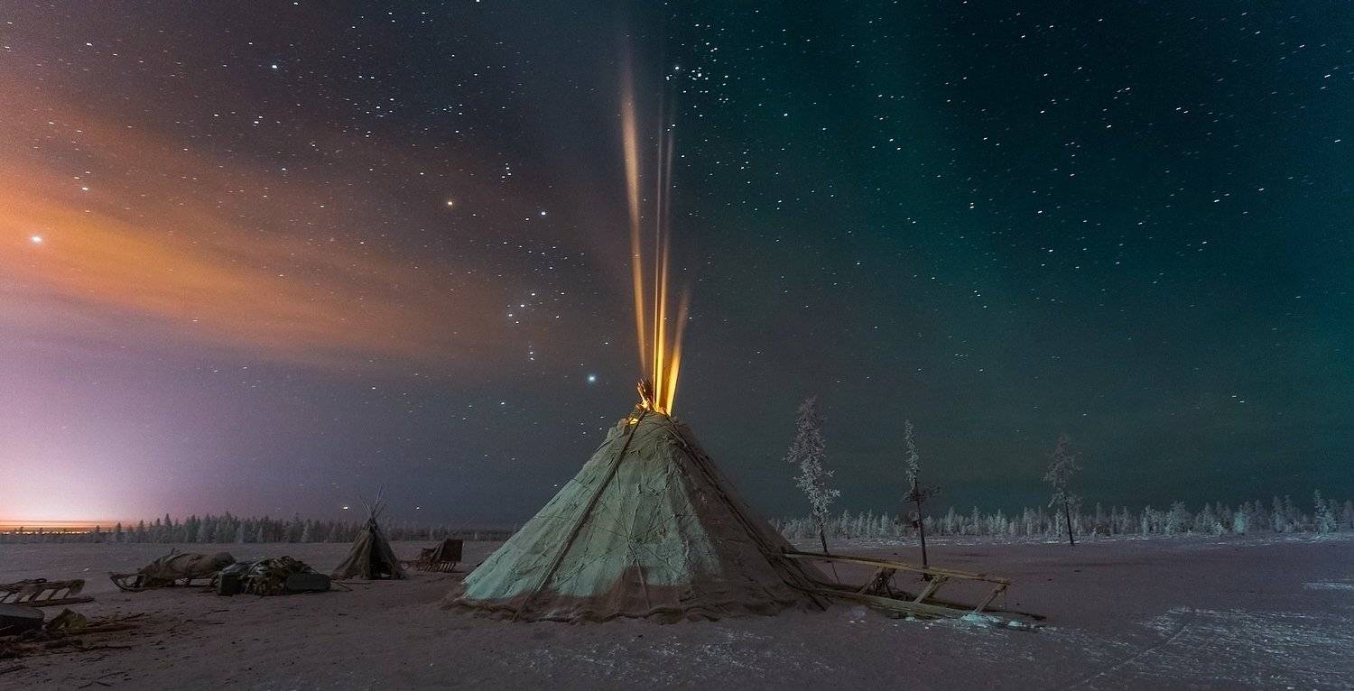 ямал, чум, зима, мороз, ночь, небо, звезды, северное сияние, север, пейзаж, россия, Кирилл Уютнов