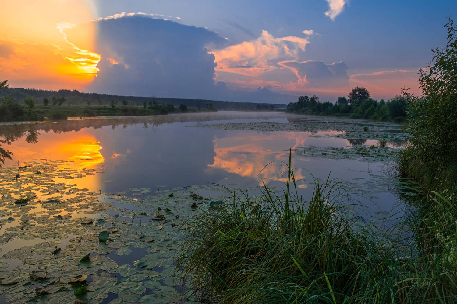 лето озеро рассвет облака отражение природа пейзаж, Александр Строков
