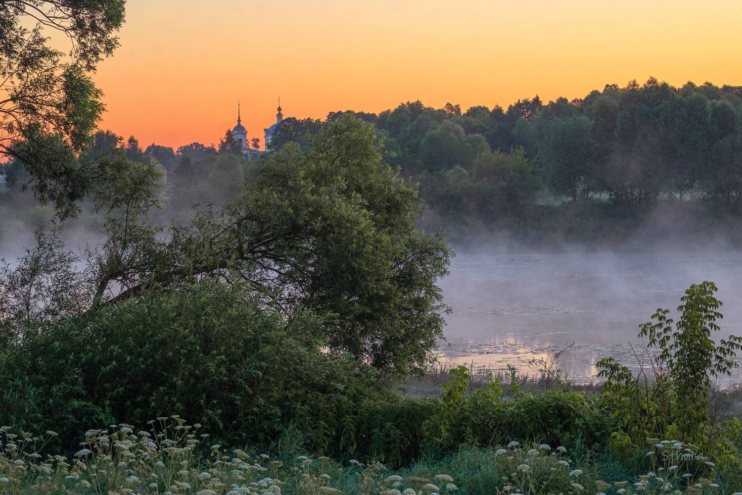 лето озеро рассвет туман природа пейзаж, Александр Строков