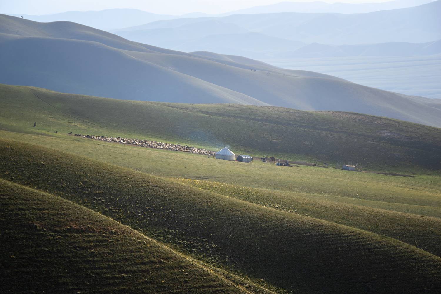 тянь-шань, горы, графика гор, пейзаж, природа, стойбище, животные, юрта, раннее утро,, Кетова Вера