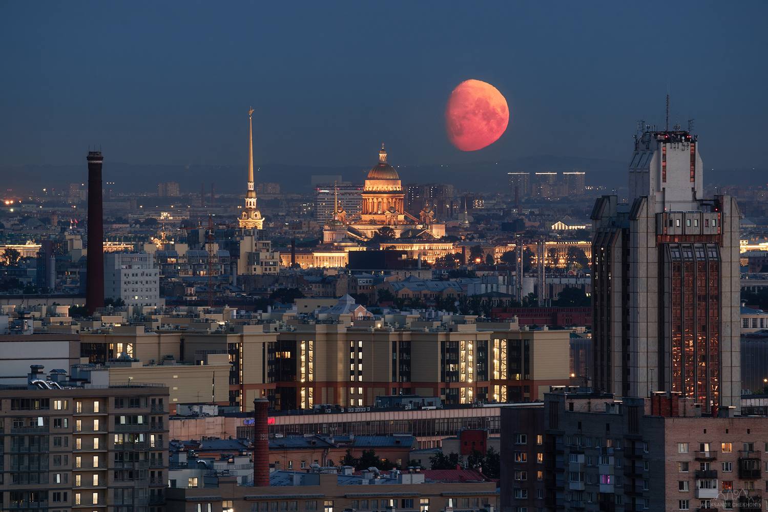 санкт-петербург, исаакиевский собор, петропавловская крепость, луна, Чехонин Александр