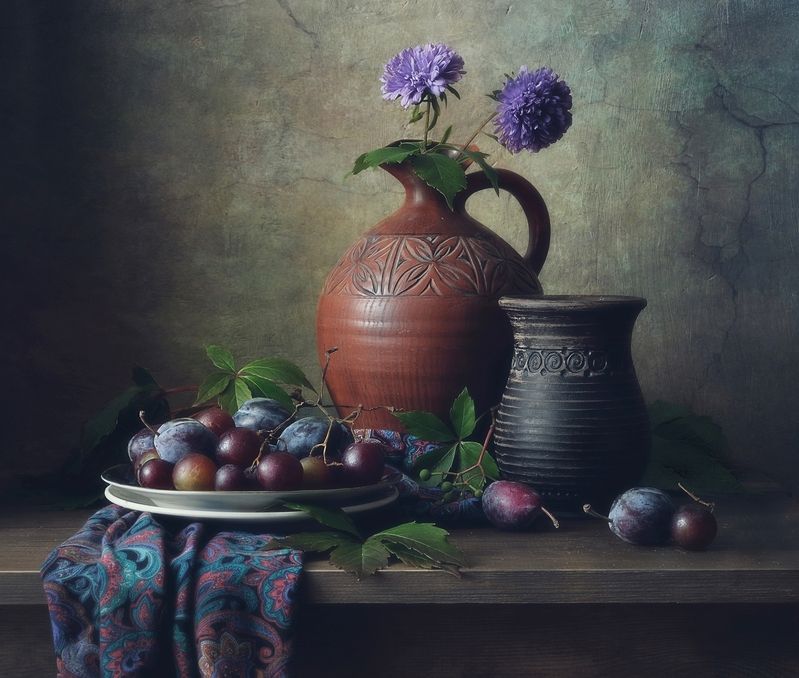 натюрморт,август,виноград,сливы,кувшин август... фото превью