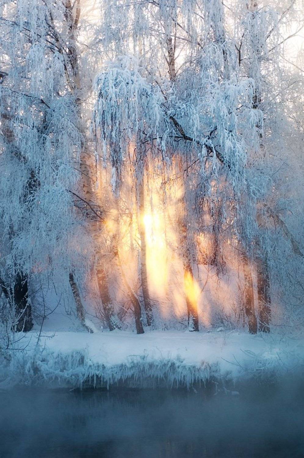 зима, закат, иней, река, Макс Шамота