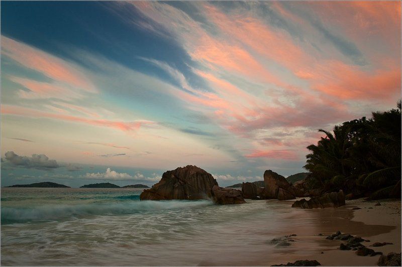 анс патат, Закат, ла диг, Море, Небо, Облака, Океан, Пейзаж, Природа, сейшелы, Цвет  фото превью