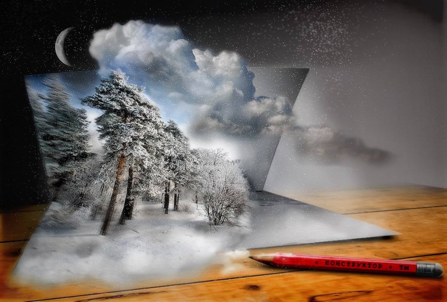 зима, карандаш, коллаж, луна, облака, открытка, природа, снег, Дмитрий Недочитанный