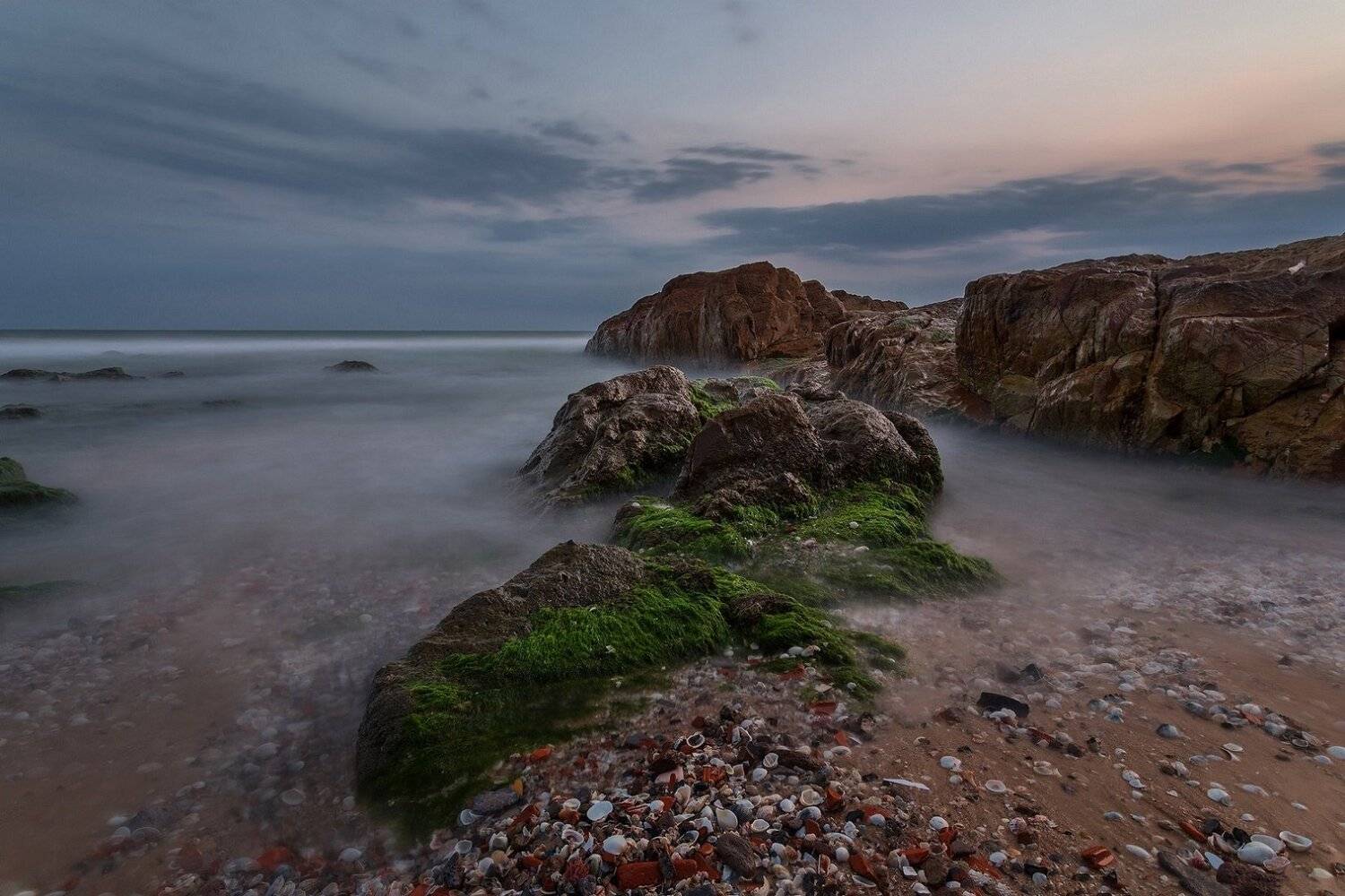 вечер, камни, море, песок, пляж, пейзаж, облака, Павел Попов