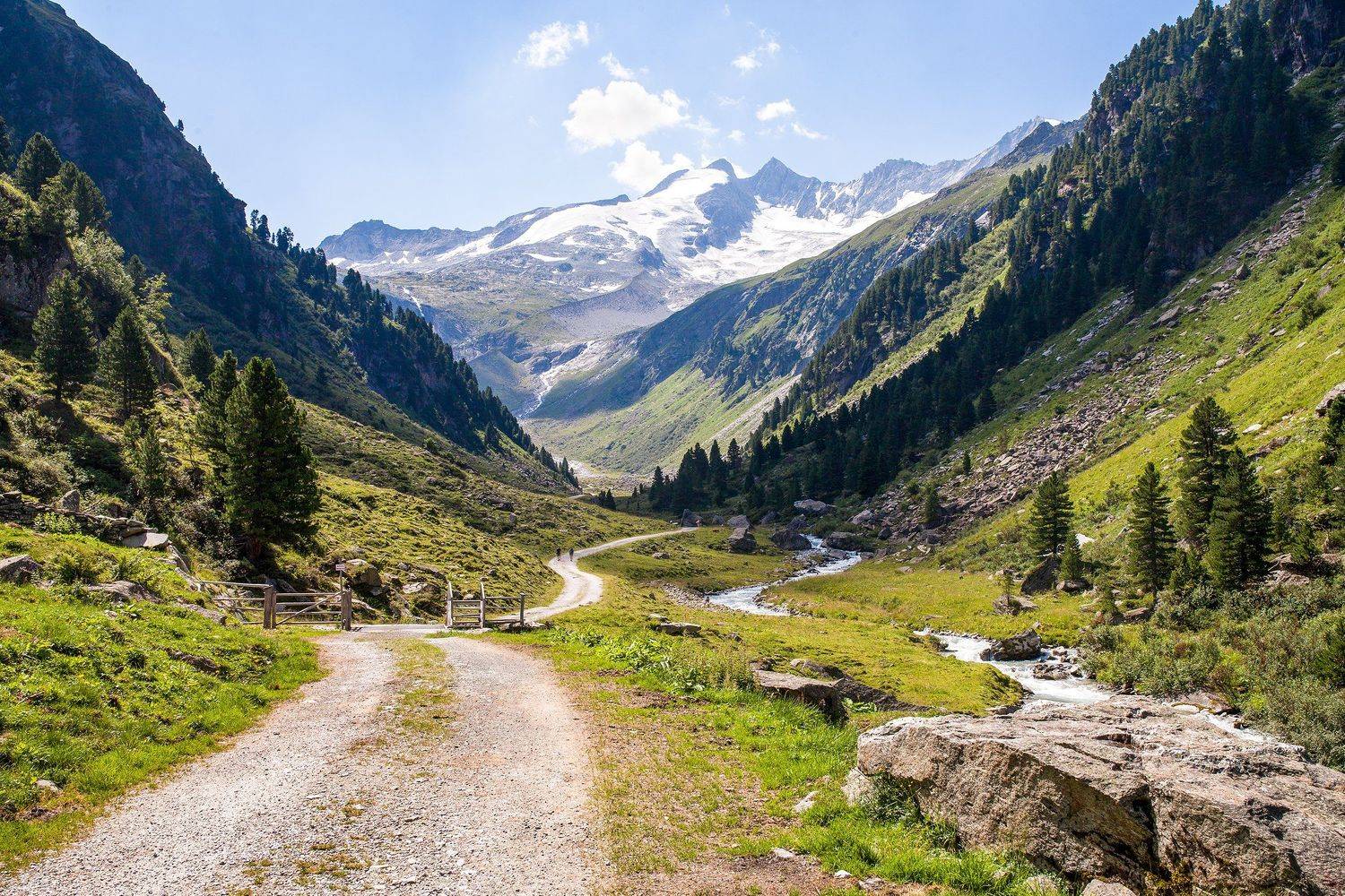 горы, дорога, река, лес, солнечный свет, ледник на горизонте, Дмитрий Лопатин