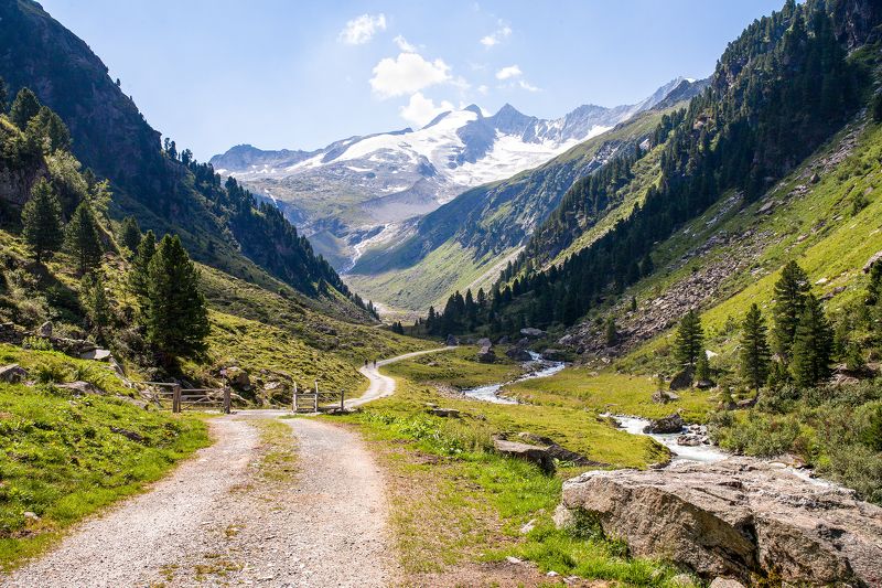 горы, дорога, река, лес, солнечный свет, ледник на горизонте Больше путешесвий фото превью