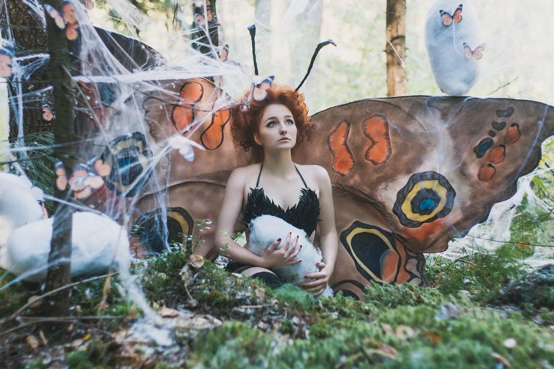 бабочка, девушка, лес, красота, паутина, лето Бабочка фото превью