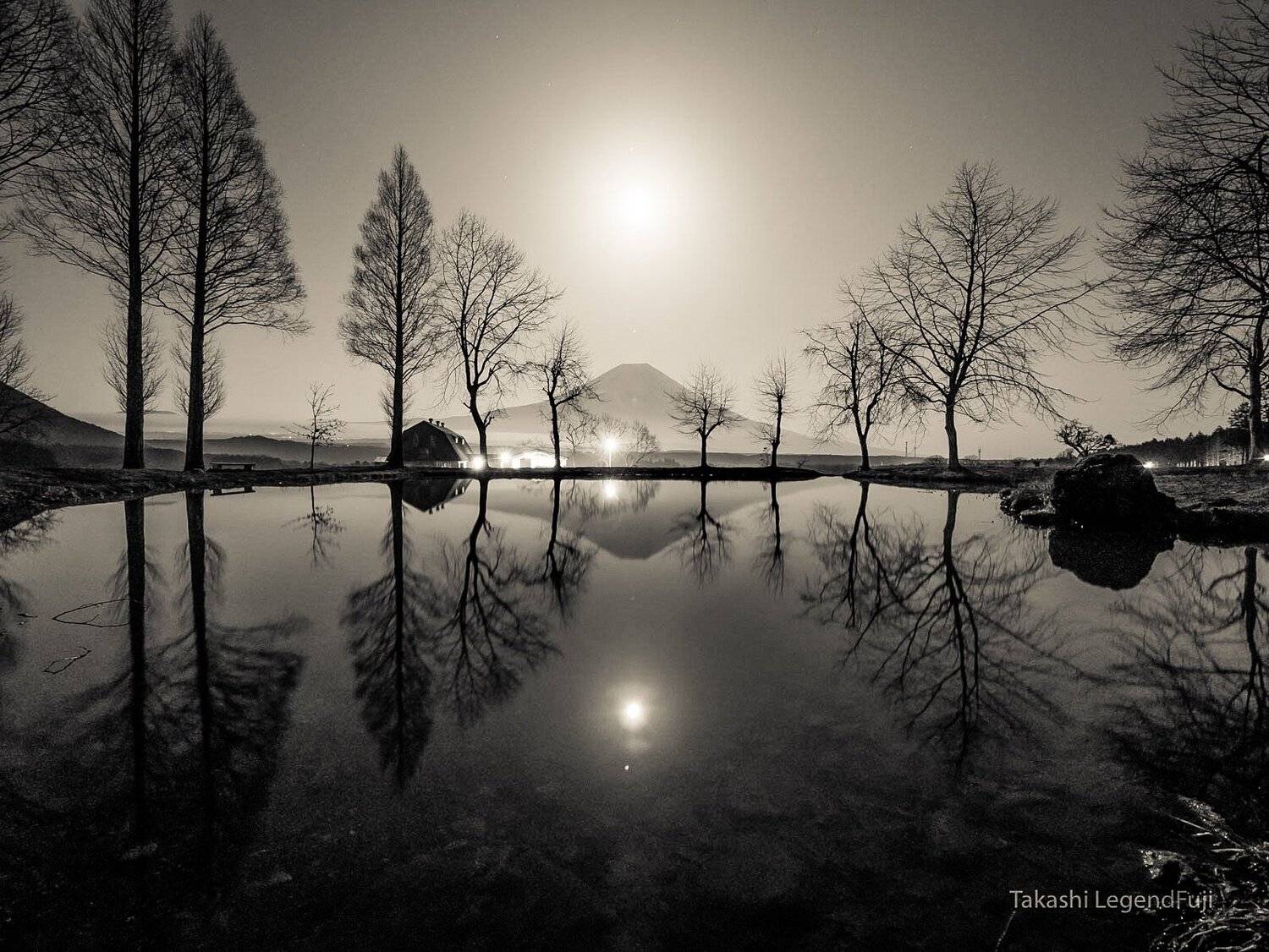 Fuji,mountain,night,tree,moon,Japan,water,reflection,beautiful,pond,lake,, Takashi