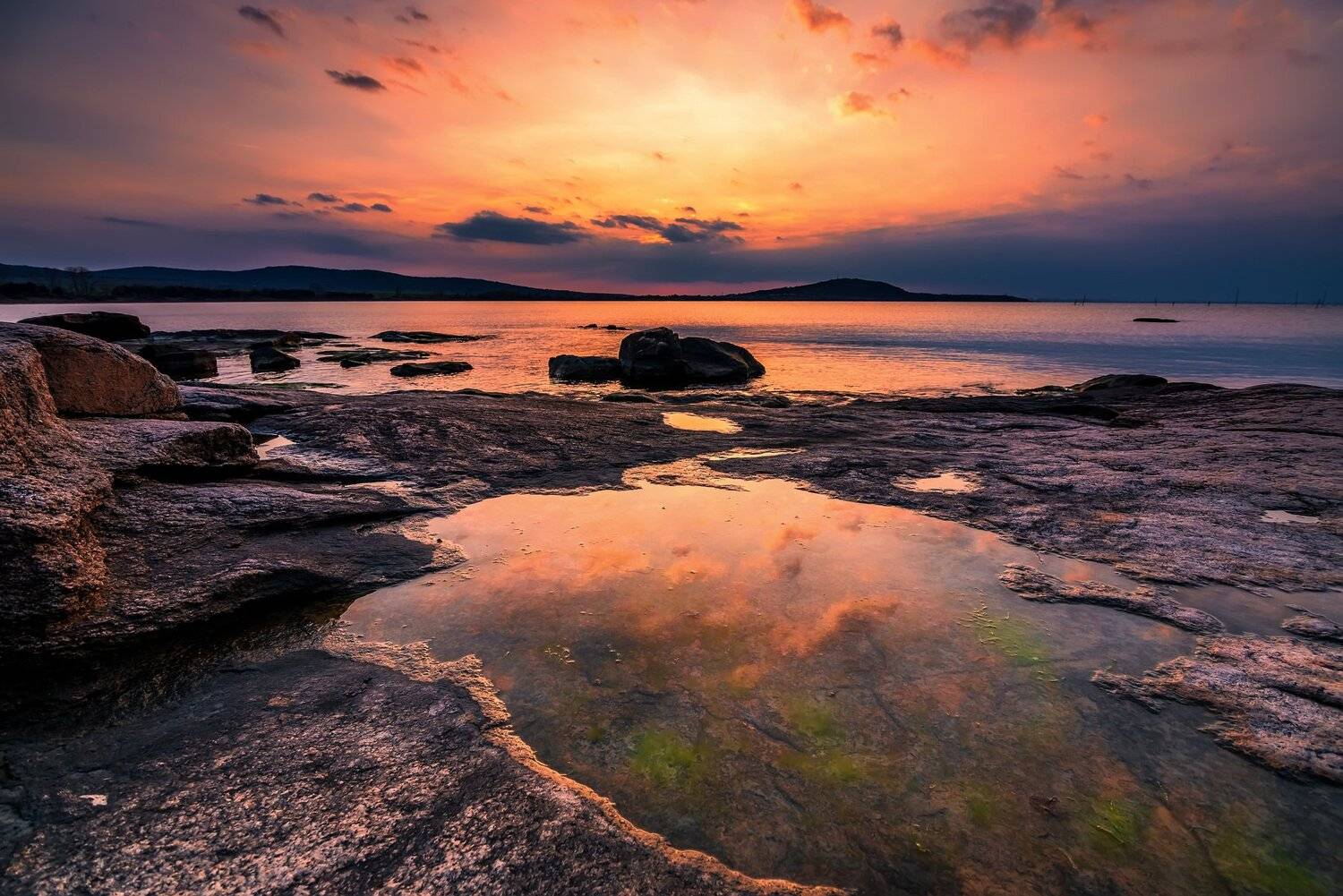 sunset, reflection, clouds, fire, landscape, rocks, Jeni Madjarova