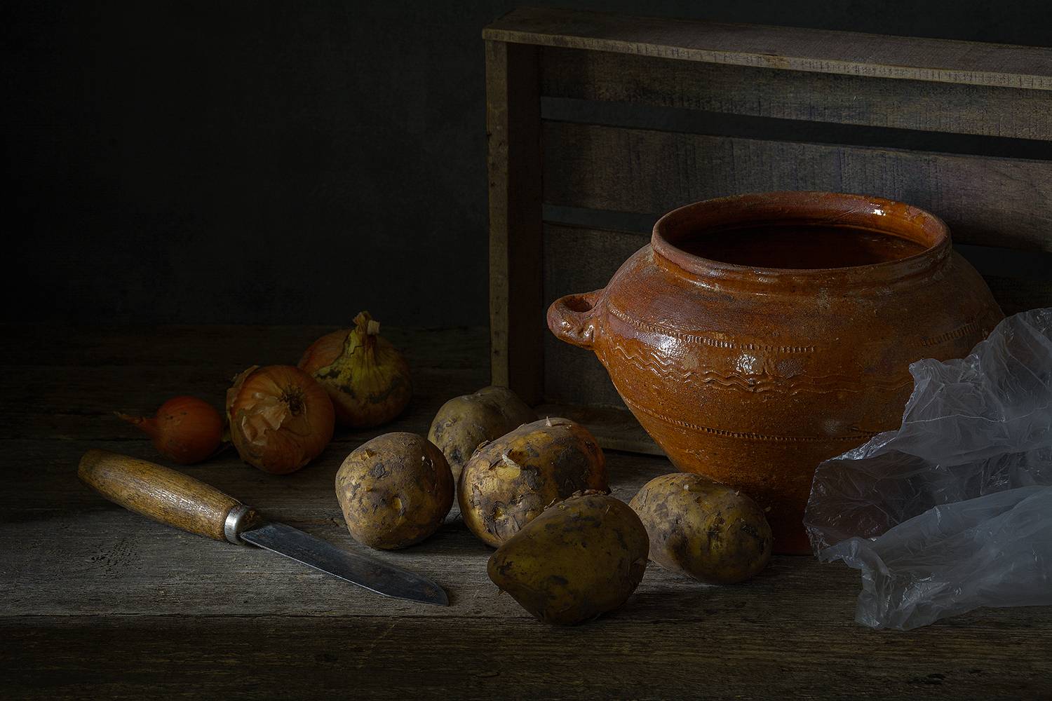 картошка, лук, горшок, ящик, нож, Алексей Бычков
