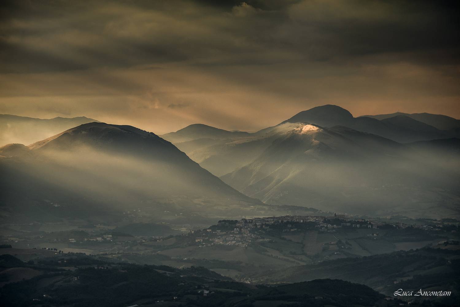 sunset camerino village marche region italy clouds landscape, Anconetani Luca