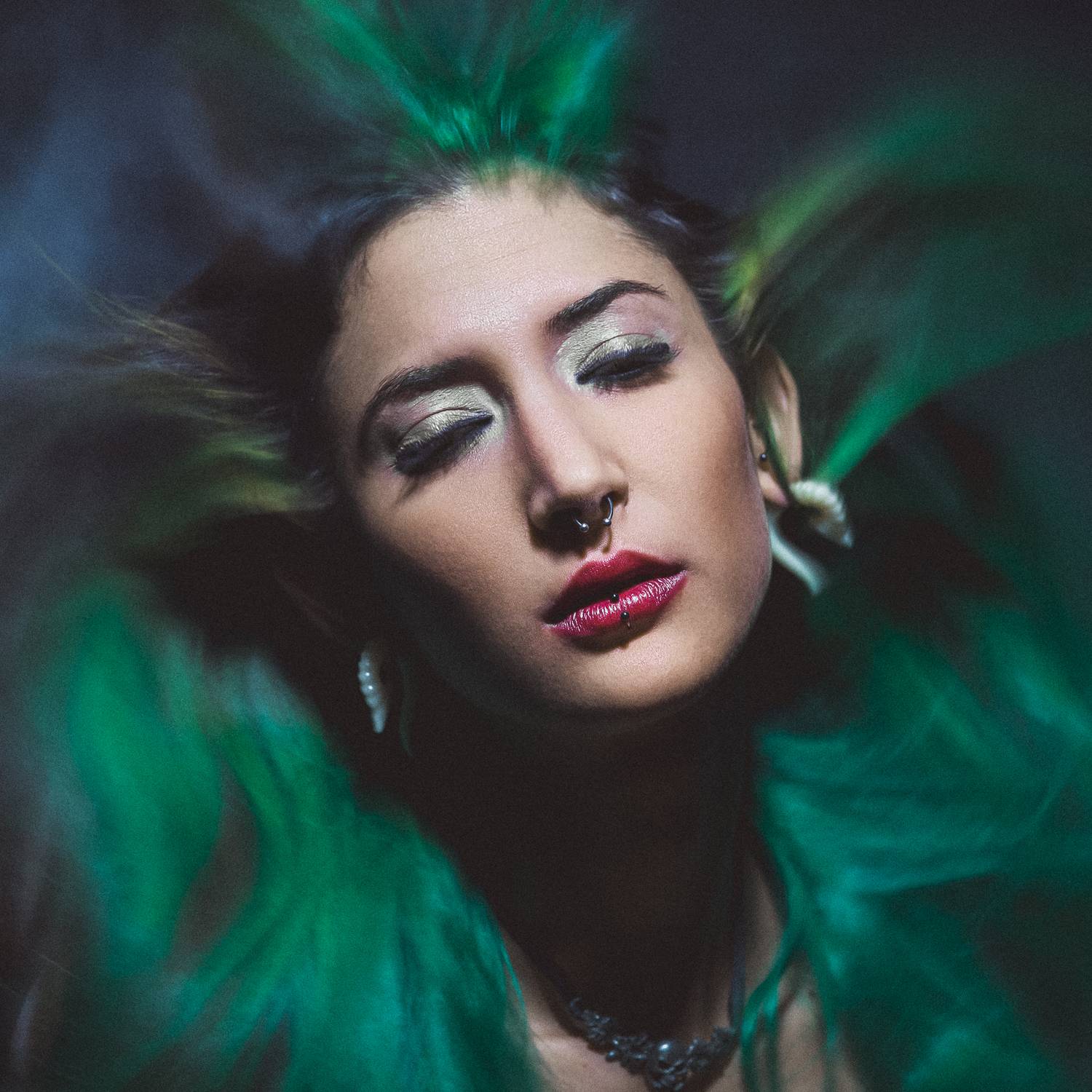 portrait, makeup, dramatic, green, foliage, nature, plants, beauty, bold, eyeshadow, lips, piercing, artistic, closeup, fashion, vibrant, contrast, striking, glamour, photography, model, botanical, lush, intense, captivating, Erik Rozman