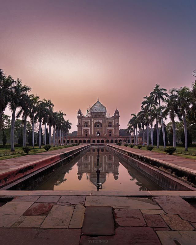 Гробница Сафдарджанга, Дели, Индия, Tomb of Safdar Jang, достопримечательность, туризм, сад, фонтан, вечер, вечерний, закат, розовый, мавзолей, Гробница Сафдарджанга. Дели. Индия фото превью