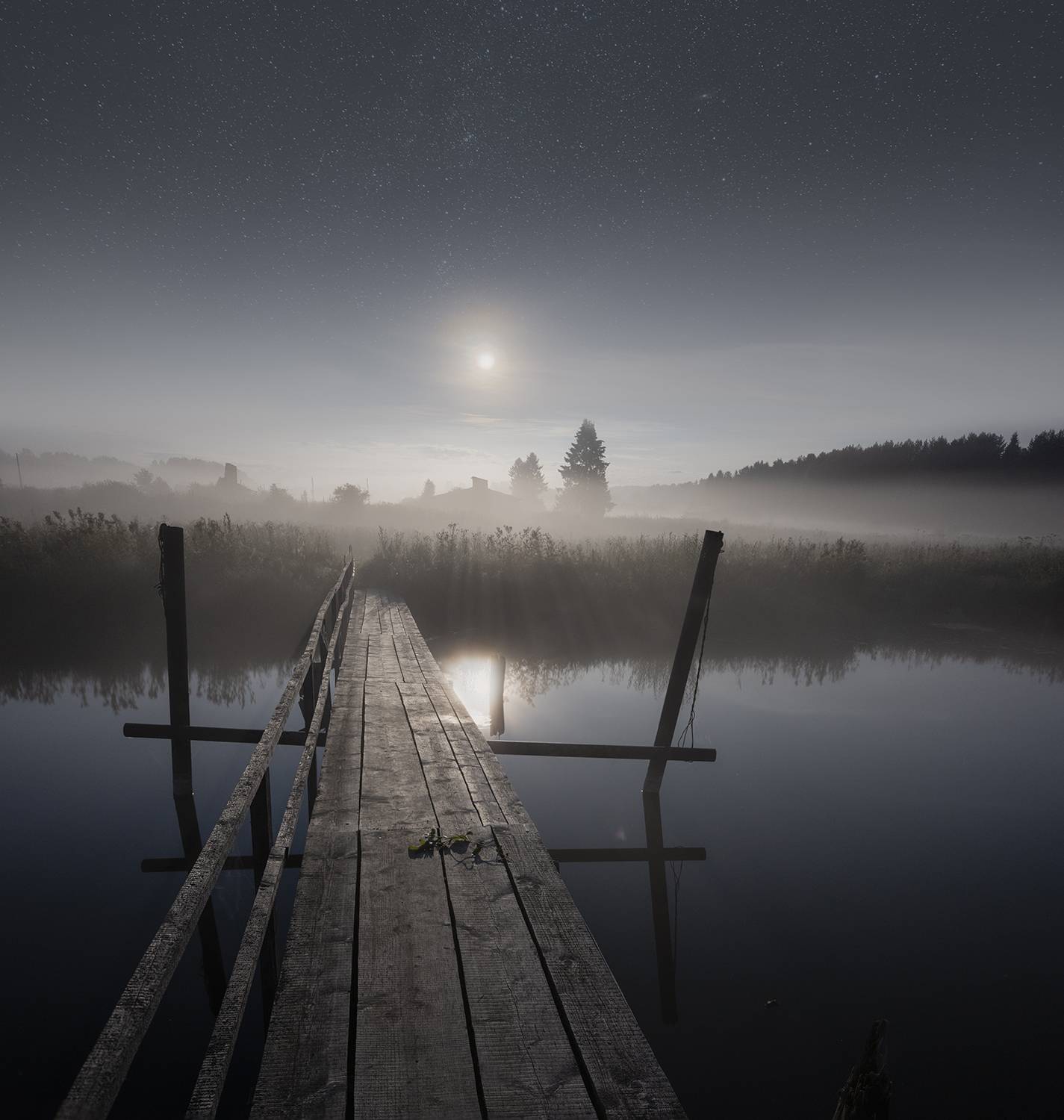 ночь, туман, луна, река, мостик, село, лето, Сергей Буторин
