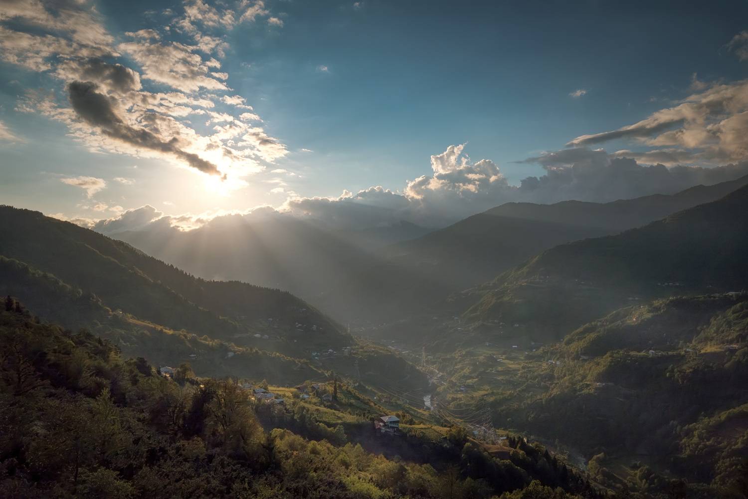sun, sunset, mountains, rays, sky, clouds, dandalo, ajaristskali, valley, view, landscape, scenery, travel, outdoors, caucasus, sakartvelo, georgia, adjara, chizh, Чиж Андрей