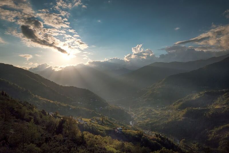 sun, sunset, mountains, rays, sky, clouds, dandalo, ajaristskali, valley, view, landscape, scenery, travel, outdoors, caucasus, sakartvelo, georgia, adjara, chizh Sunset Over Mountains фото превью