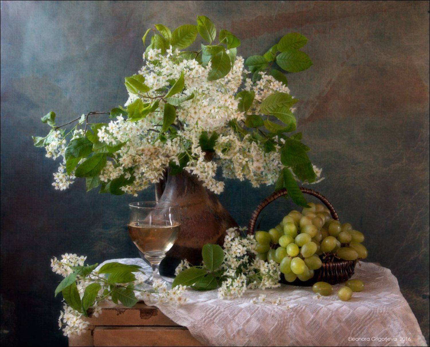 весна, вино, виноград, натюрморт, черёмуха, Eleonora Grigorjeva
