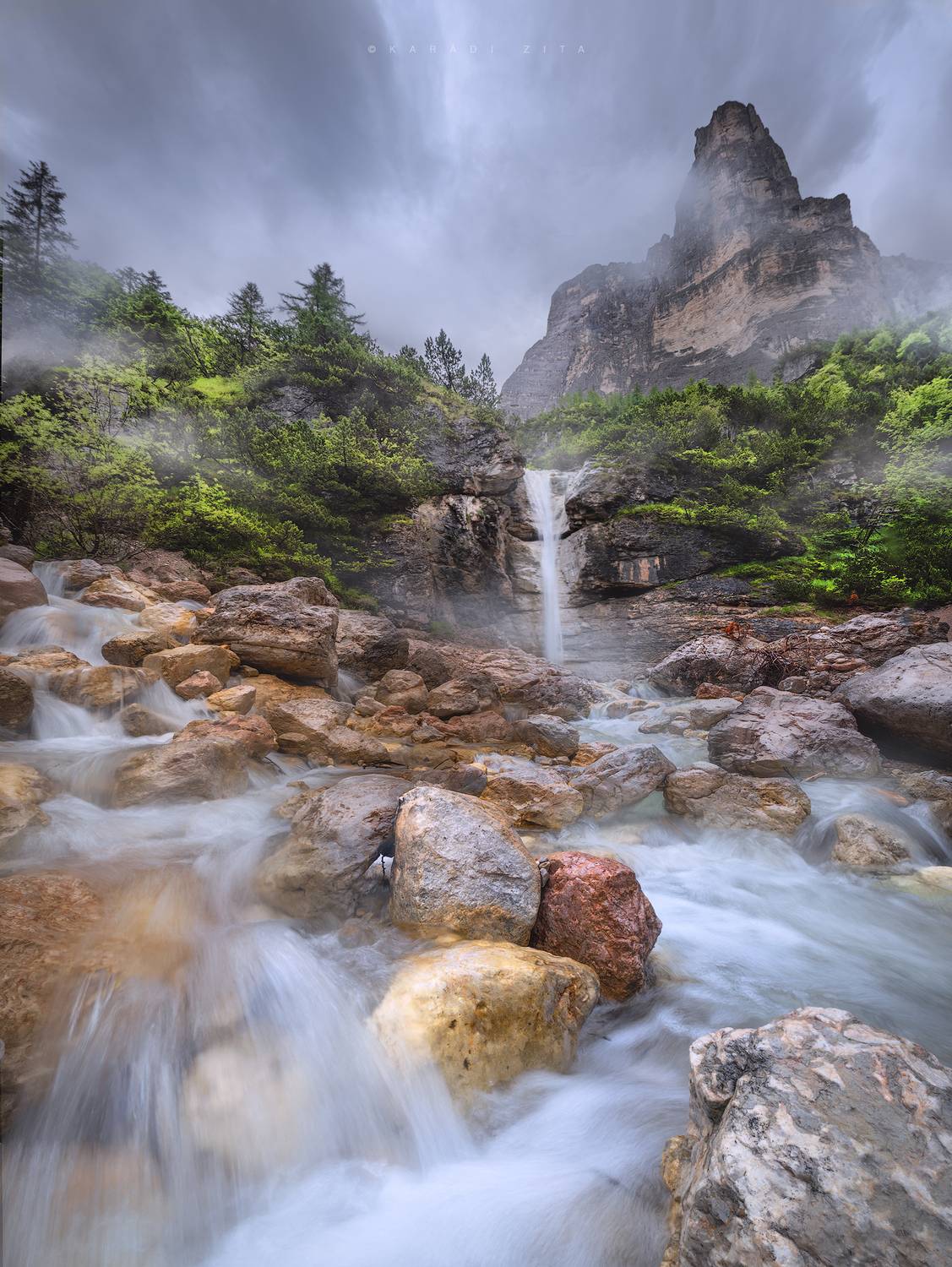 dolomiti, dolomites, sunrise, landscape, sky, sun, mountains, clouds, trees, italy, calm, waterfall, longexposure,, Kar&aacute;di Zita