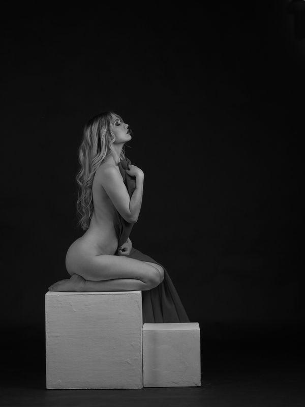 Девушка, ню, изящная, ч/б, прекрасная, ткань, драпировка Она фото превью