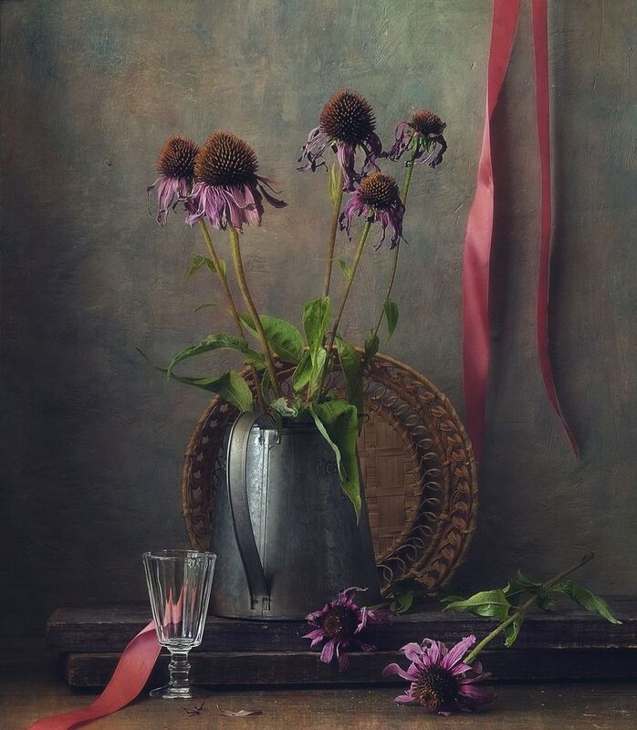натюрморт,цветы,увядание,эхинацея,кувшин,рюмка,лента с эхинацеей... фото превью