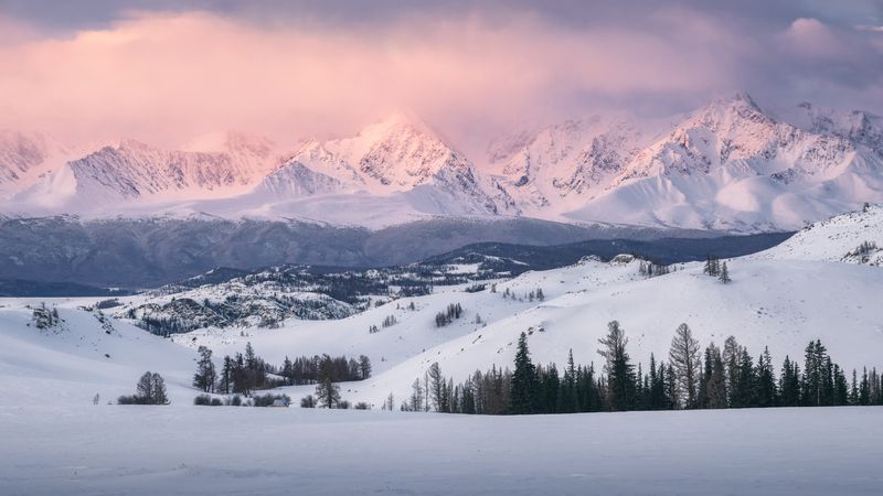 snow, mountain, outdoors, nature, winter, landscape, blue, pink, cloud, sky, sunrise, altai, рассвет, пейзаж, горы, алтай, снег, небо, природа, горный алтай Тишина и величие фото превью