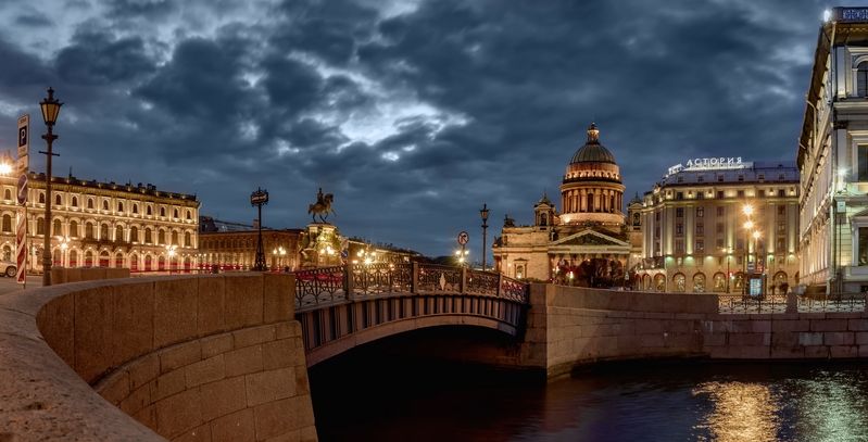 город архитектура панорама вечер площадь мост памятник храм собор Исаакиевская площадь фото превью