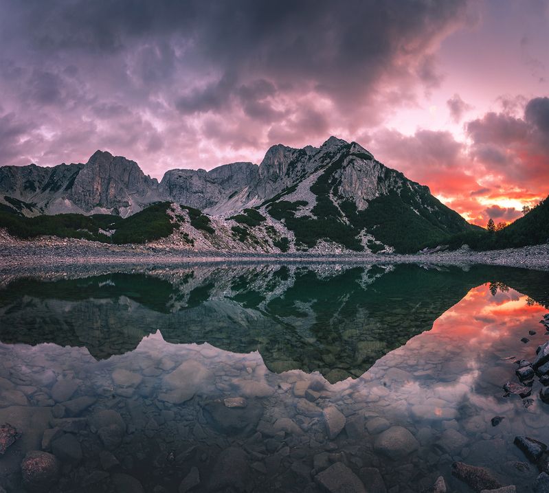 landscape, nature, scenery, summer, sunset, lake, reflection, clouds, mountain, peak, пейзаж, закат, горы, озеро Sunset on Sinanitsa Lake фото превью