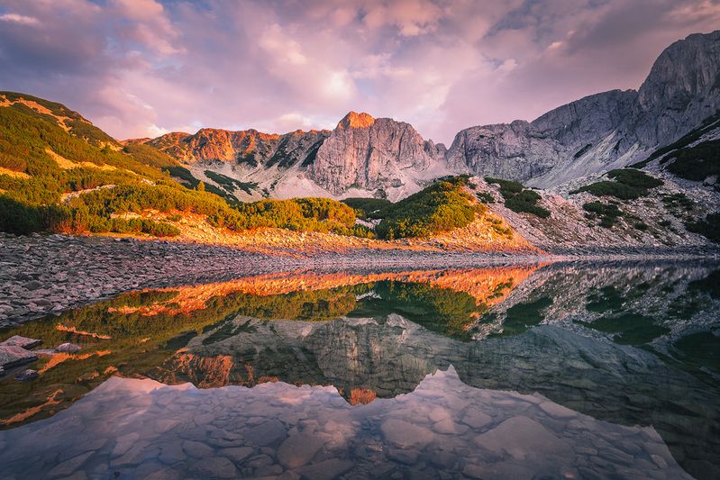 landscape, nature, scenery, summer, sunrise, lake, reflection, clouds, mountain, peak, пейзаж, горы, озеро Sunrise on Sinanitsa Lake фото превью