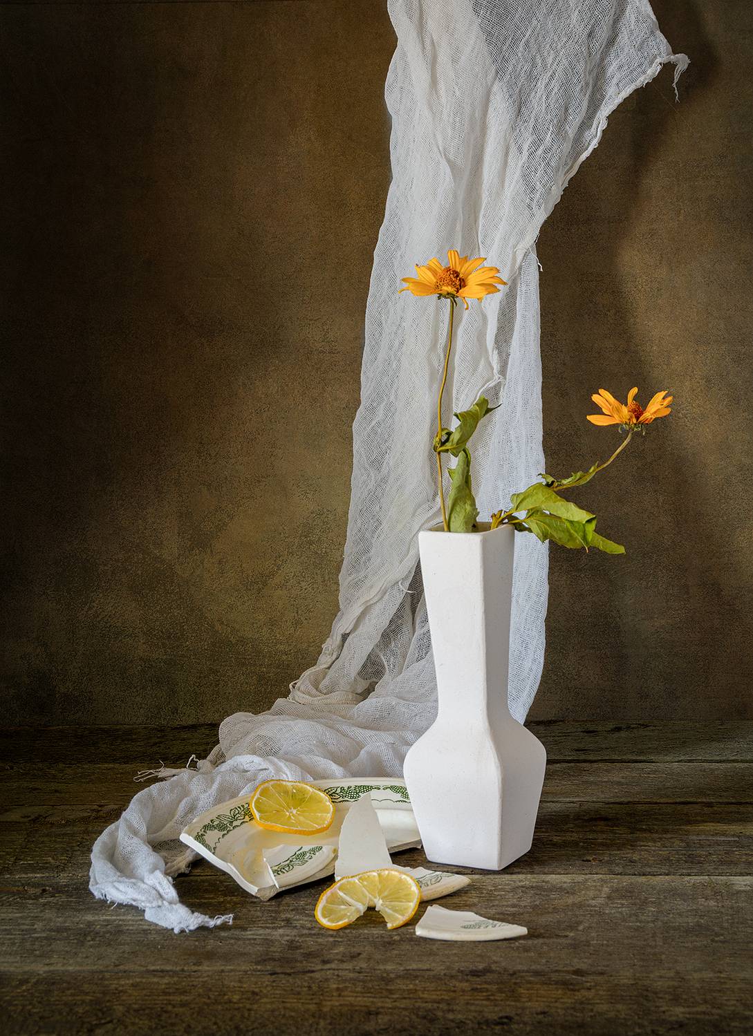 ваза, цветы, дольки лимона, тряпка, Алексей Бычков