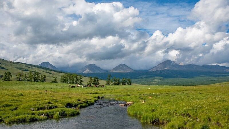 монголия, горы, лето, облака, озеро, горы, река, лошади, стадо Безмятежность фото превью
