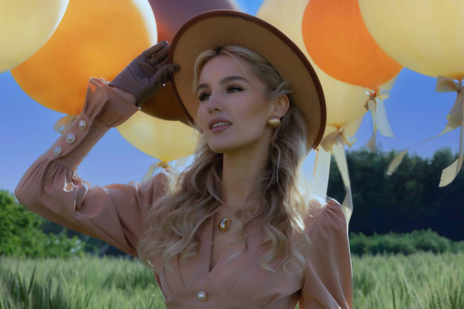Девушка, лето, воздушные шары, шляпка, поле, лес, Герцен Наталья