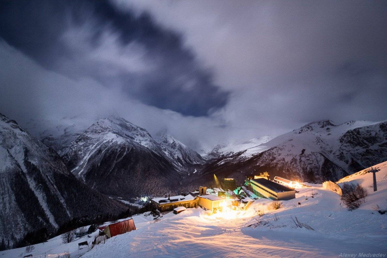 кавказ, домбай, зима, ночь, снег, ущелье, горы, Алексей Медведев