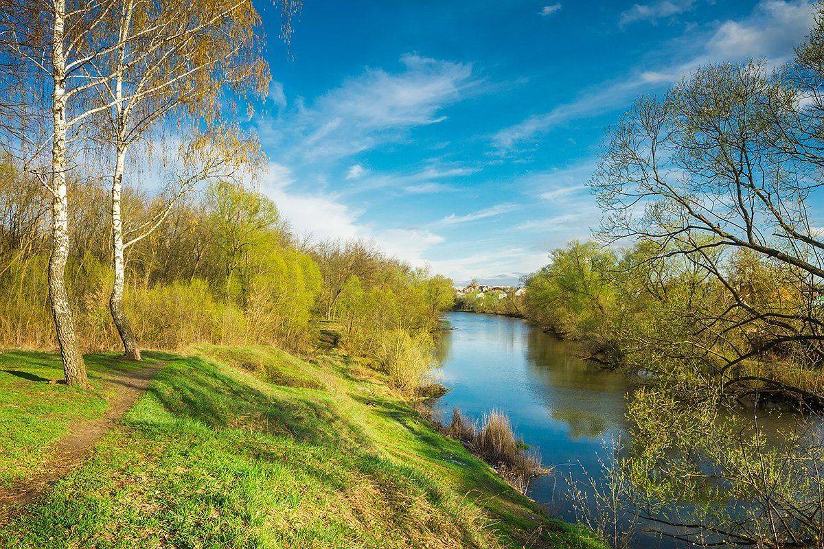река, весна, апрель, вечер, river, green, trees, sky, Голубев Дмитрий