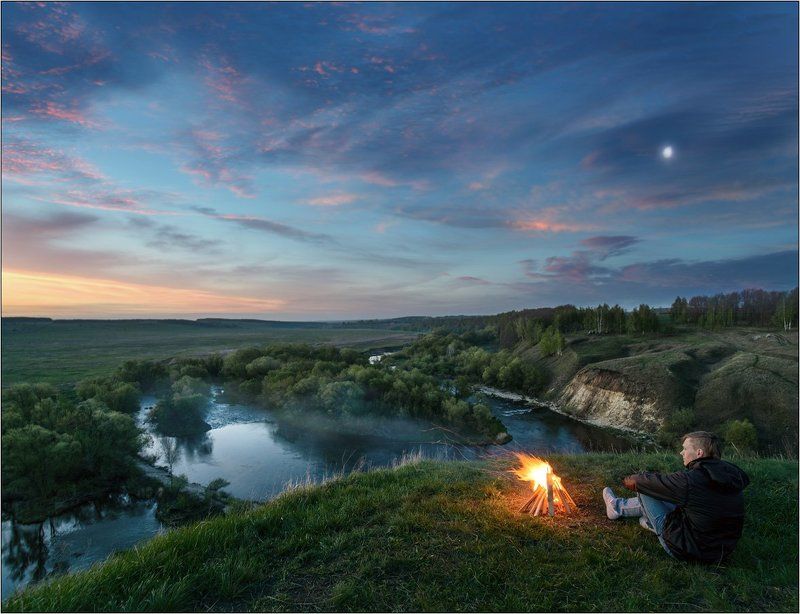 Landscape, Sunrise, Fire, Костер, Пейзаж, Река, Восход Предвосходные сумерки в долине Красивой мечи фото превью