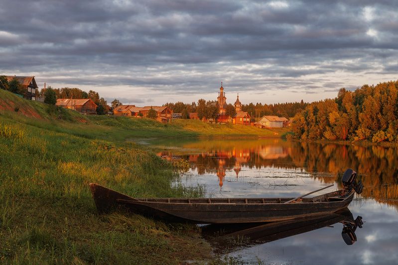 кимжа, река, лодка, пейзаж, облака Кимжа фото превью