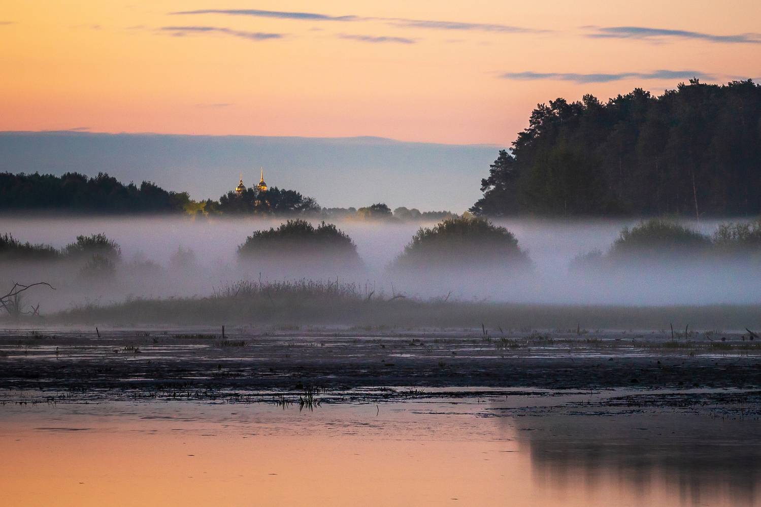 туман, водоем, утро, рассвет, лето, небо, тепло, вода, лес, природа, пейзаж, облака, озеро, , Панагушин Сергей