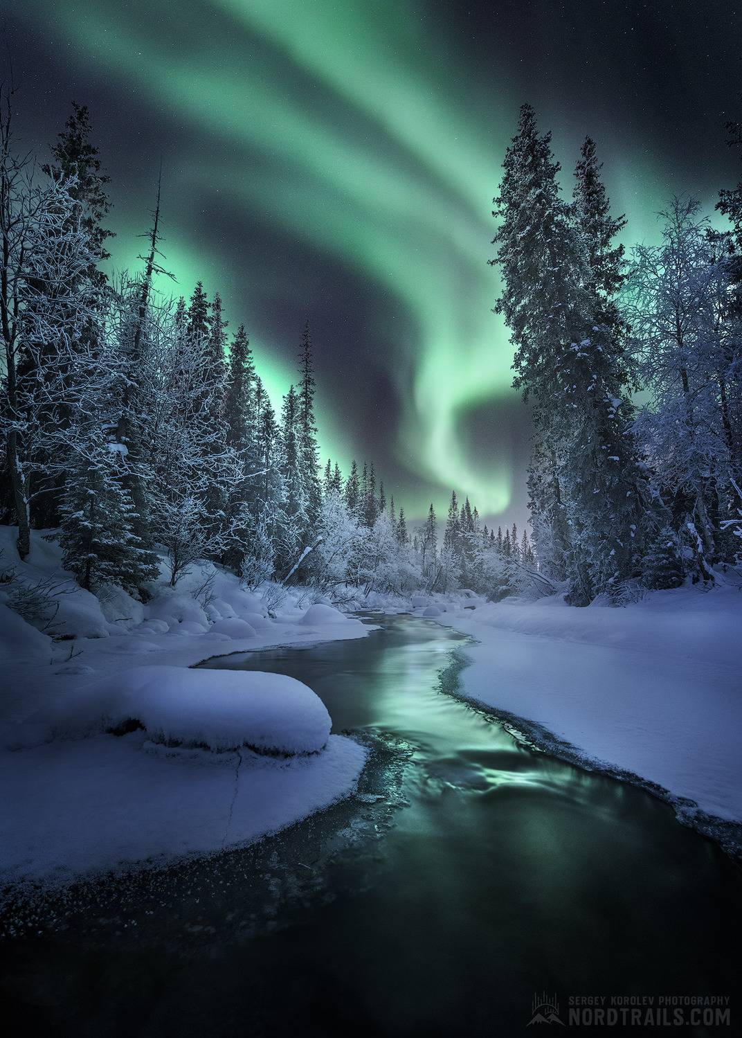 север, кольский полуостров, сияние, северное сияние, полярное сияние, ночь, река, зима, Королев Сергей