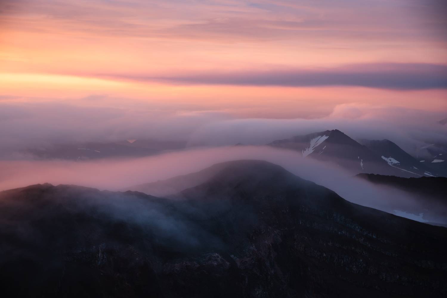 горы, вулкан, камчатка, рассвет, туман, mountains, volcano, kamchatka, sunrise, fog, Дмитрий