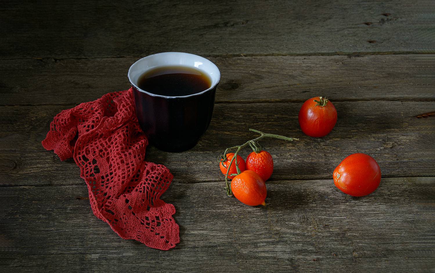 помидора, томаты, салфетка, чашка, кофе, красный, черный, Алексей Бычков