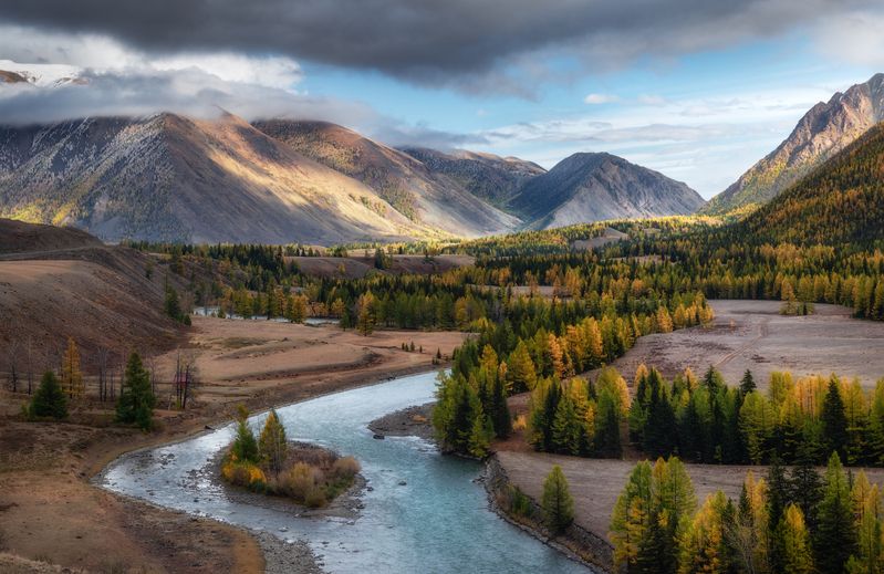 алтай, горный алтай, пейзажи алтая, кош-агачский район, горная река, золотая осень, горы, осенний алтай, чуя Над осенней Чуей фото превью