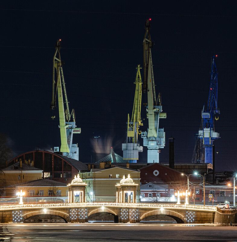санкт-петербург, питер, петербург, спб, зима, кран, порт, мост, ночь, night, city, bridge, crane, city night, light Городской пейзаж фото превью