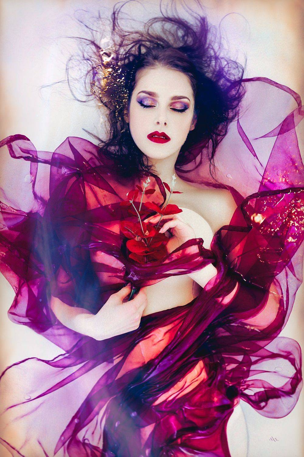 Beauty, Flowers, Red, Water, Woman, Руслан Болгов (Axe)