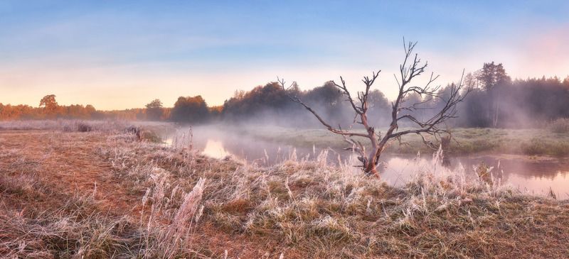 беларусь, дорога, заморозки, иней, неман, осень, панорама, рассвет, река, сентябрь, туман, утро Неман. Морозное утро сентября фото превью