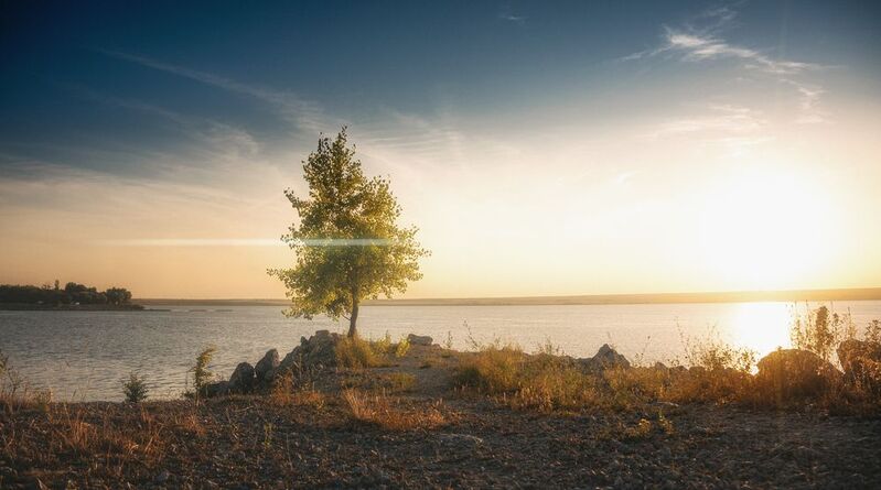 landscape, tree, river, reflection, nature, calm, peaceful, water, sky, Moldova, minimalism, silence, harmony, evening light Solitude by the Water фото превью