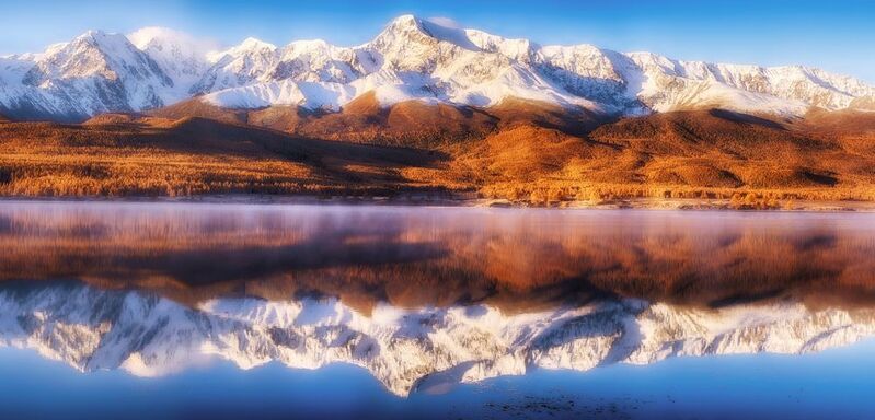 осень вода горы отражение озеро утро пейзаж снег В зеркале Джангысколя фото превью