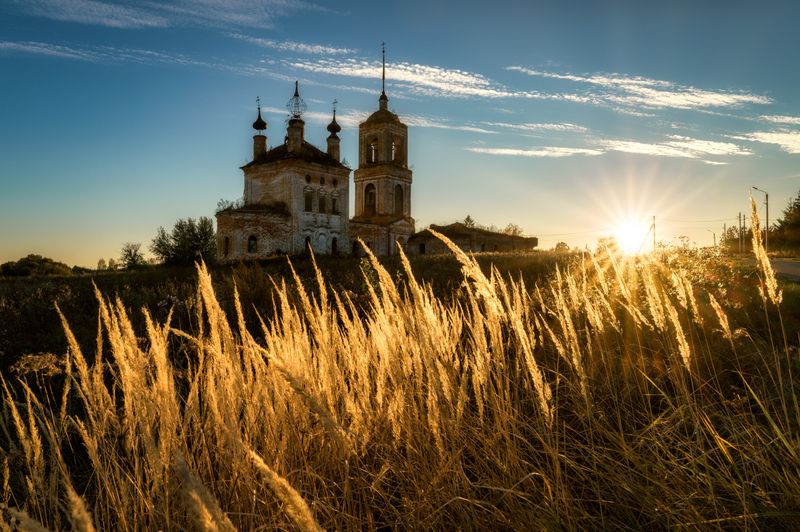 заброшка, вечер, закат, храм, кибол, владимирская область, россия, осень, православие, солнце, суздальское ополье Поездка в Кибол фото превью