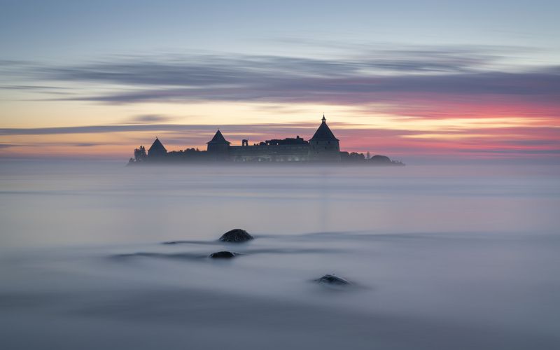 крепость орешек , ладожское озеро , ладога , длинная выдержка , рассвет , туман , синий час Крепость Орешек фото превью